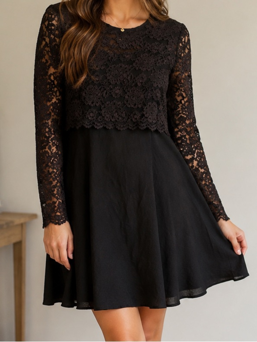 Vintage Petite Lanz Black Lace Overlay Dress Long Sleeve Floral Gothic size M